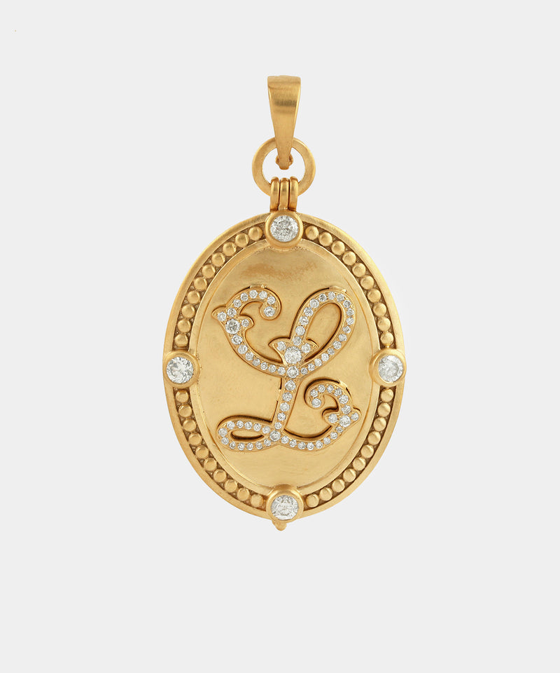 Gold Classic Oval Monogram Locket With Diamonds