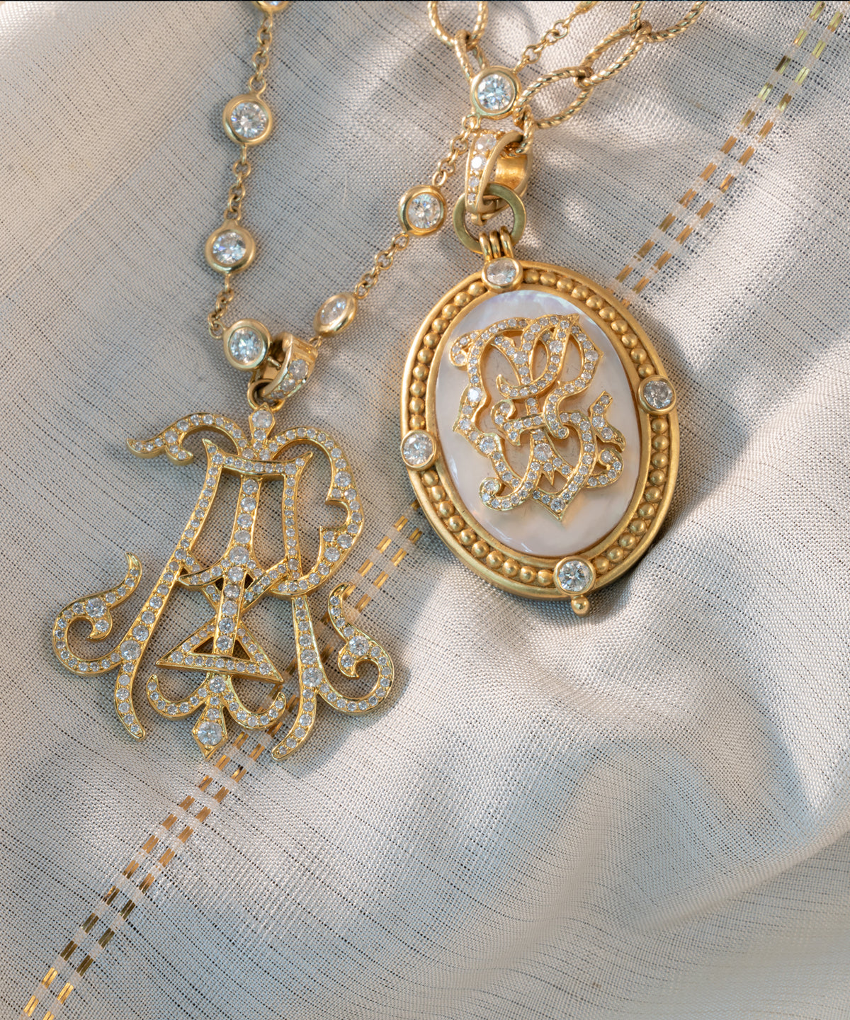 Gold Classic Oval Monogram Locket With Diamonds
