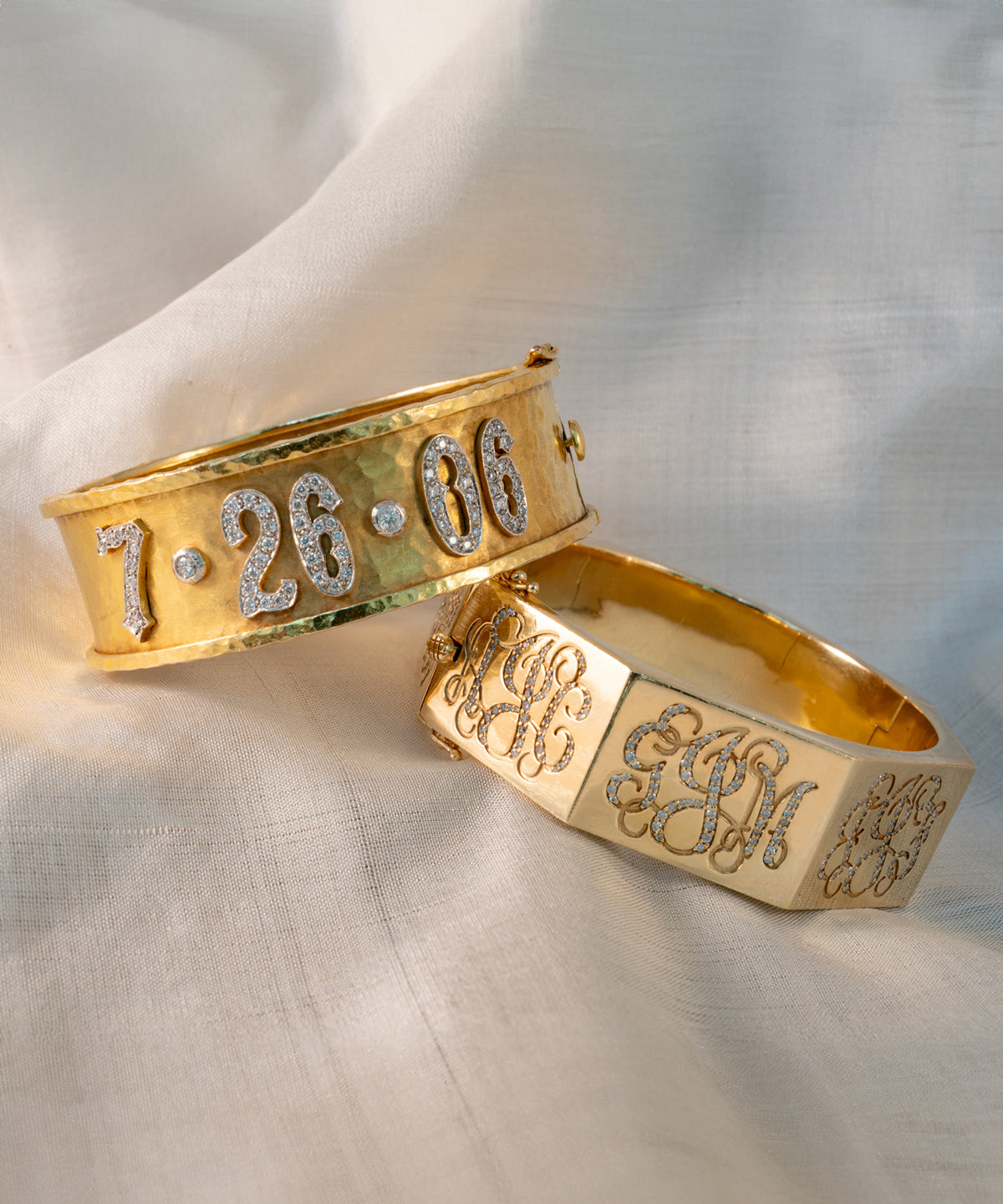 Gold Hand-Hammered Date Bangle With Diamonds