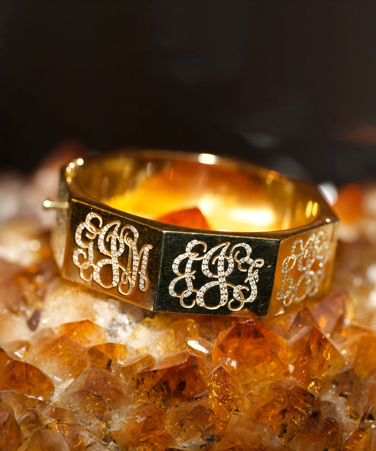 Gold Octagon Monogram Bangle With Diamonds