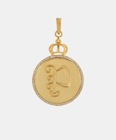 Gold Round Crown Monogram Charm With Diamonds