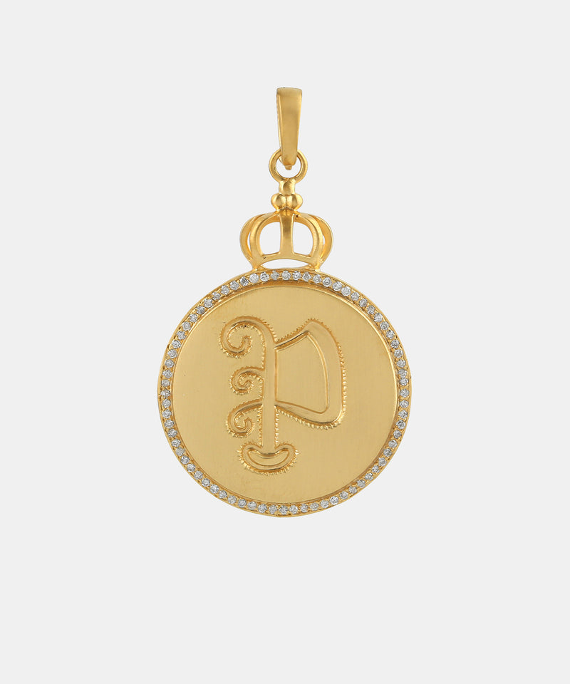 Gold Round Crown Monogram Charm With Diamonds