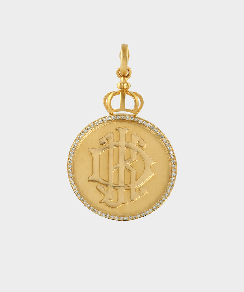 Gold Round Crown Monogram Charm With Diamonds