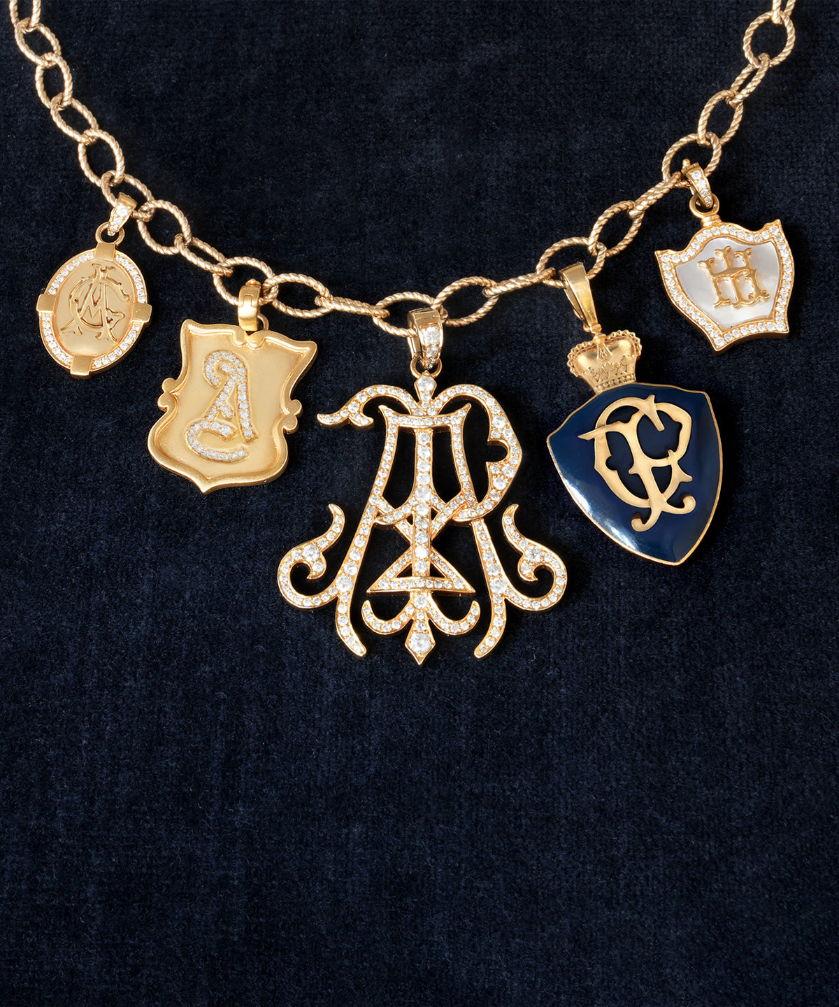 Gold Scroll Shield Monogram Charm With Diamonds