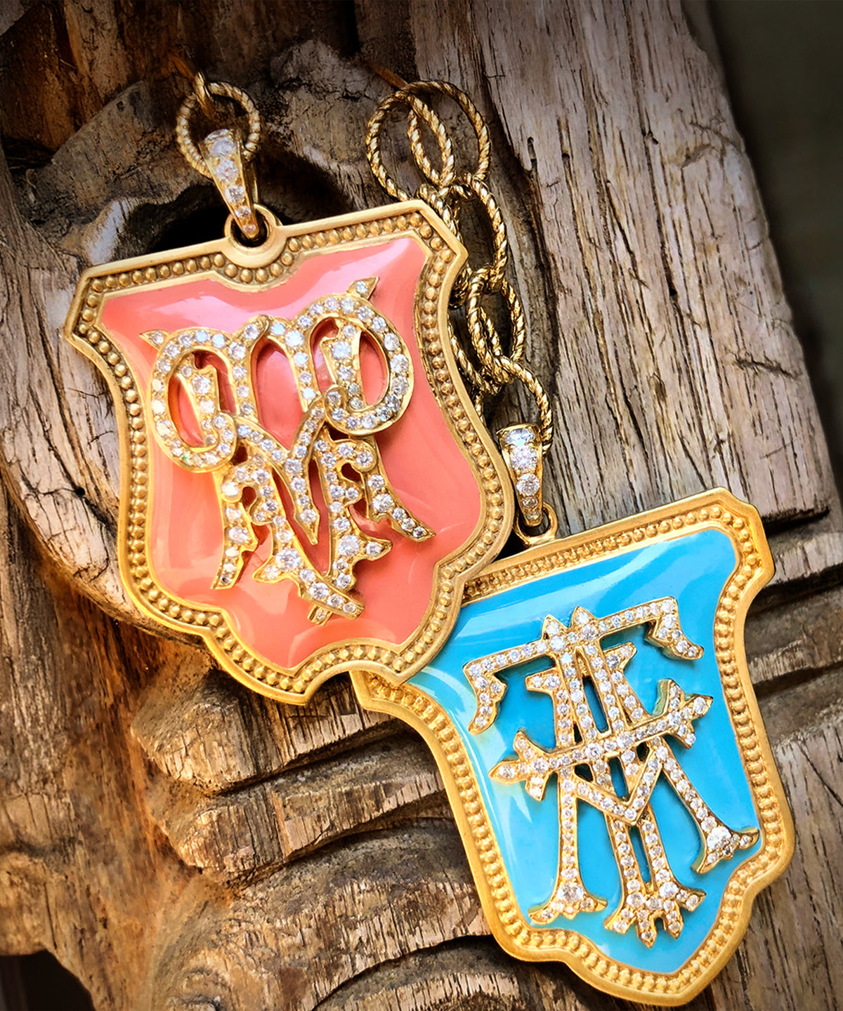 Gold Tudor Monogram Charm With Diamonds & Enamel