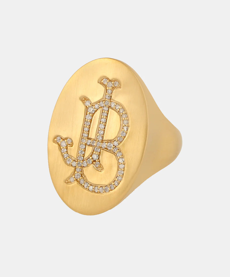 Gold Monogram Signet Ring With Diamonds