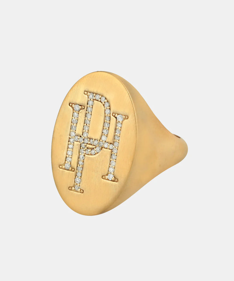 Gold Monogram Signet Ring With Diamonds