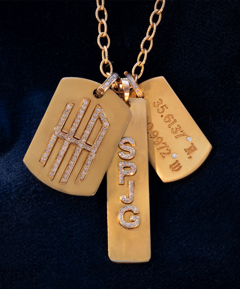 Gold Coordinates Dog Tag With Diamonds