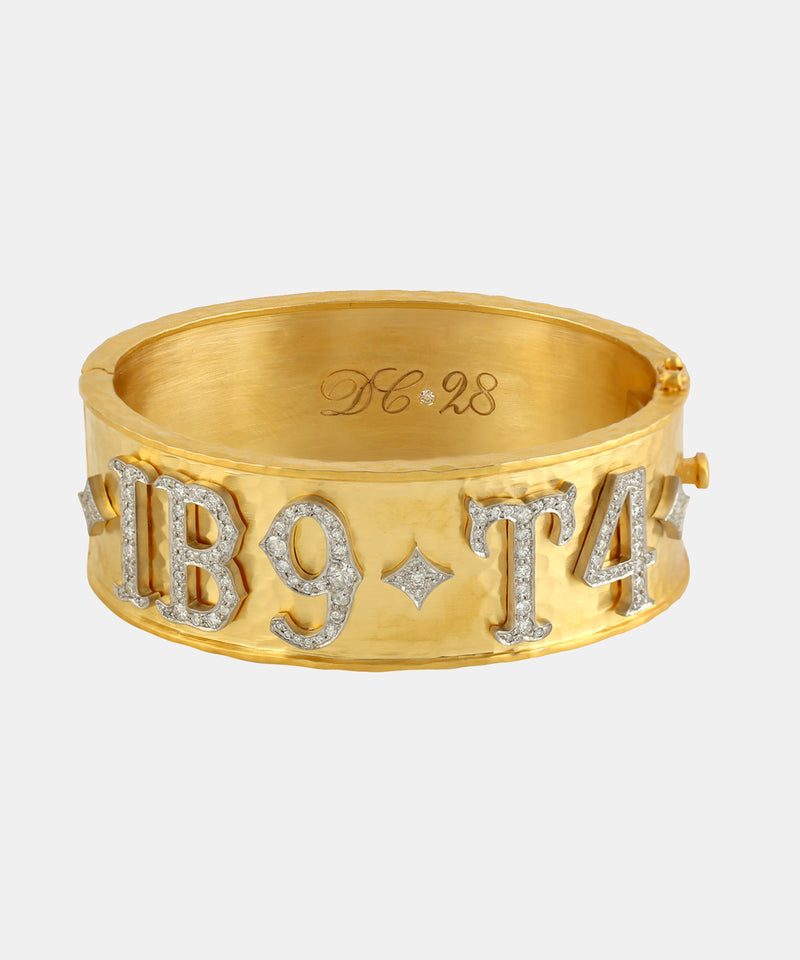 Gold Hand-Hammered Date Bangle With Diamonds