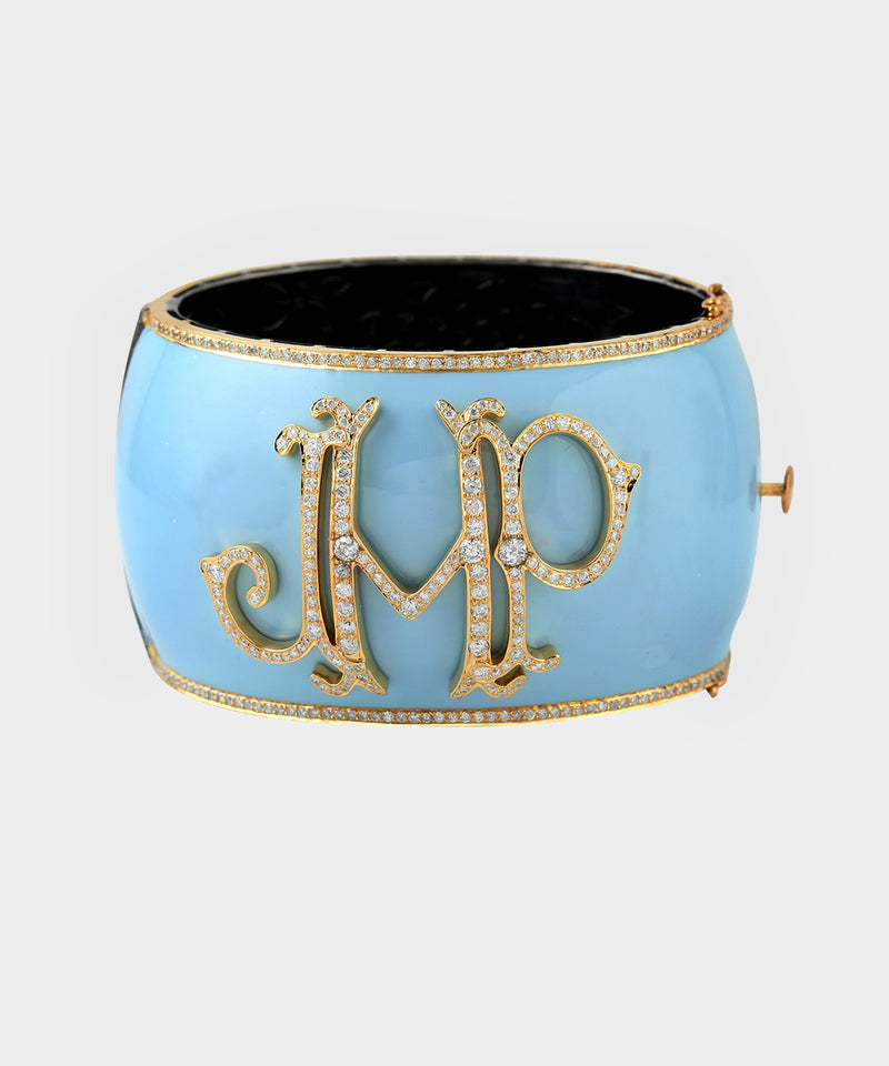 Gold Monogram Bangle With Diamonds & Enamel