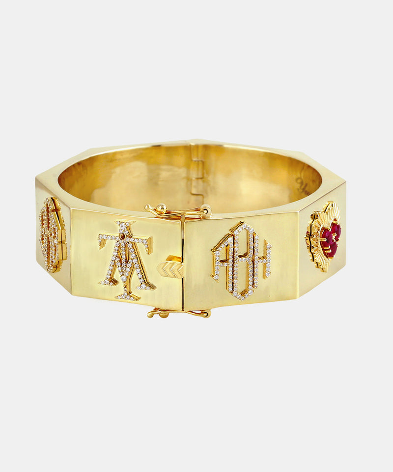 Gold Octagon Monogram Bangle With Diamonds