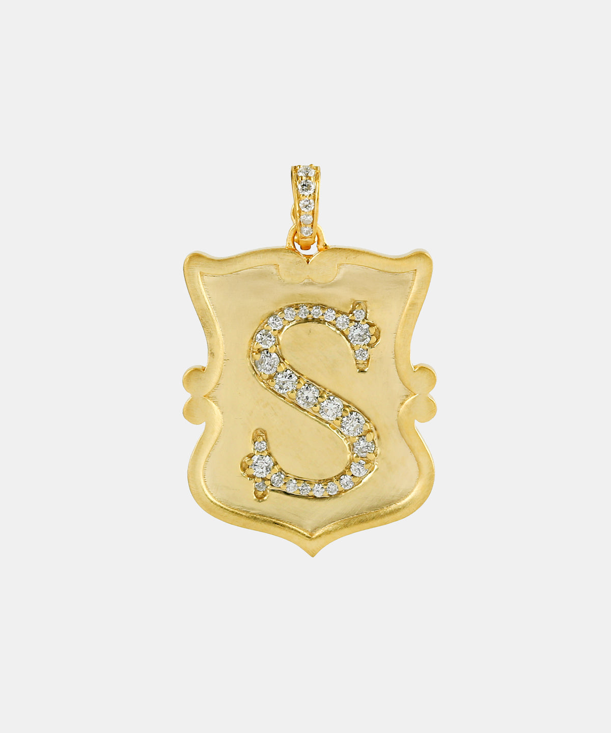 Gold Scroll Shield Monogram Charm With Diamonds