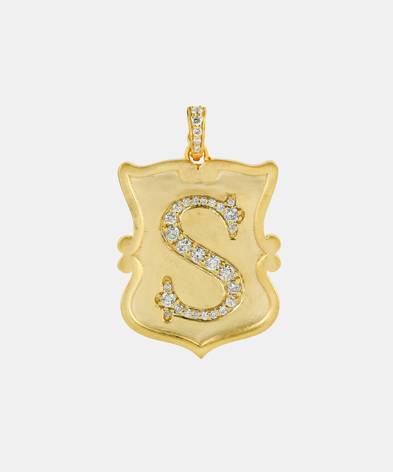 Gold Scroll Shield Monogram Charm With Diamonds