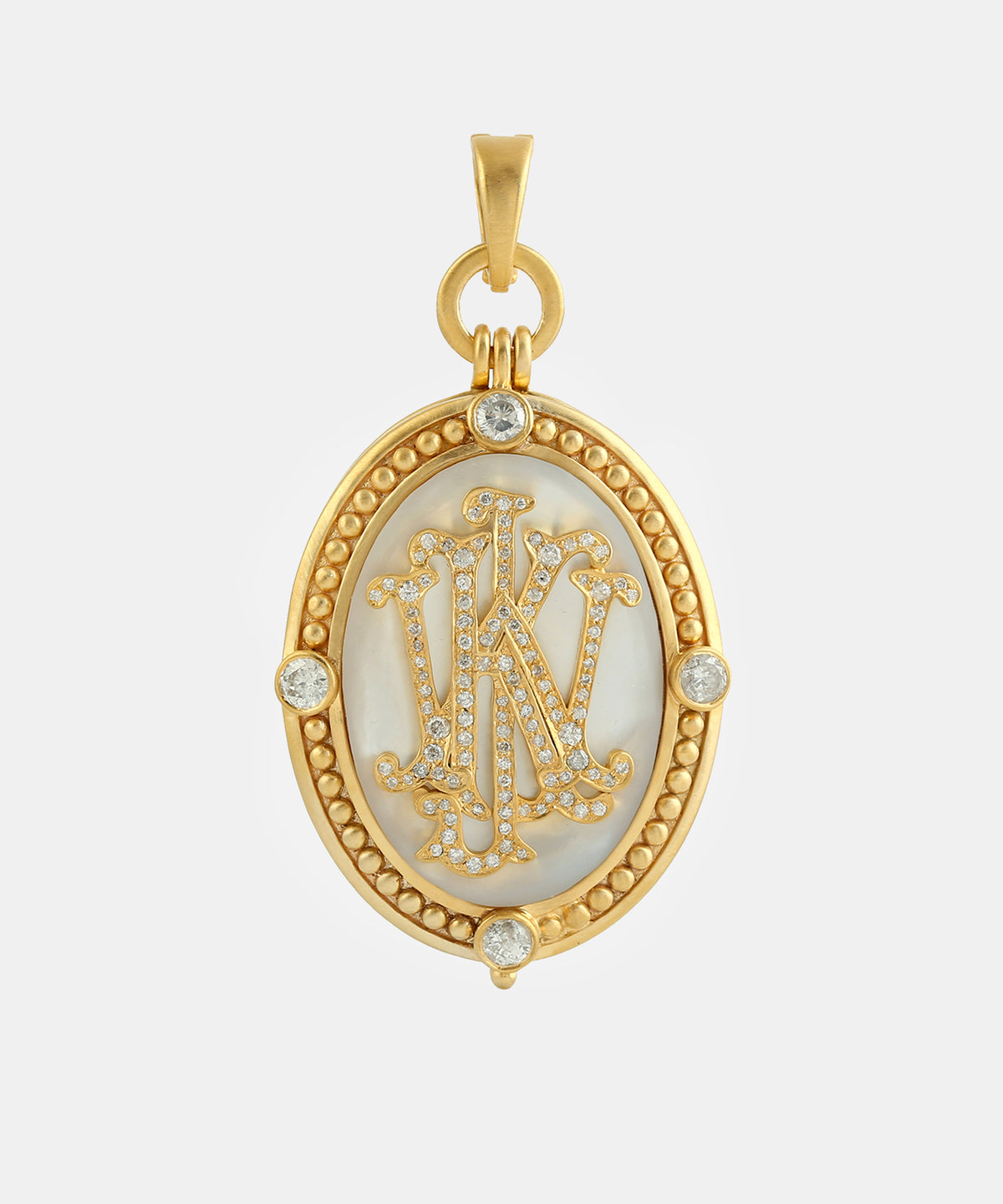 Gold Classic Oval Monogram Locket With Diamonds & Mother-Of-Pearl