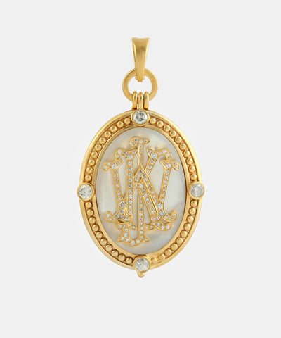 Gold Classic Oval Monogram Locket With Diamonds & Mother-Of-Pearl
