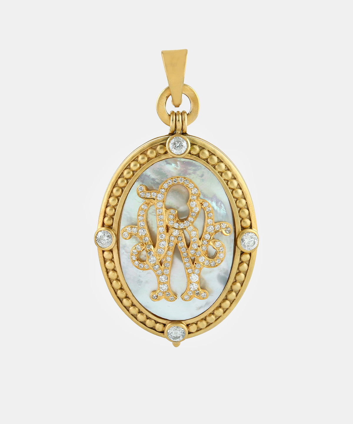 Gold Classic Oval Monogram Locket With Diamonds & Mother-Of-Pearl