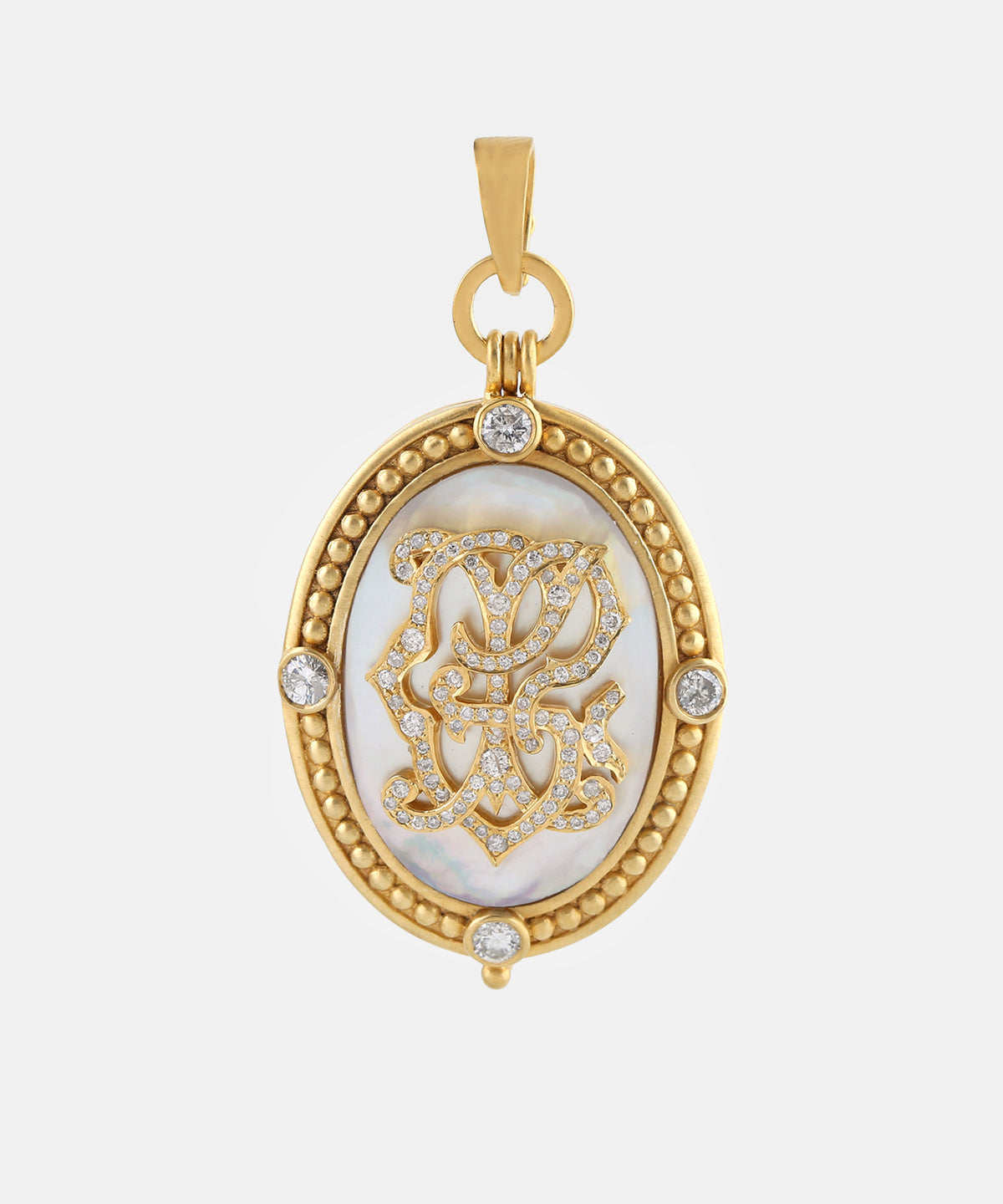 Gold Classic Oval Monogram Locket With Diamonds & Mother-Of-Pearl