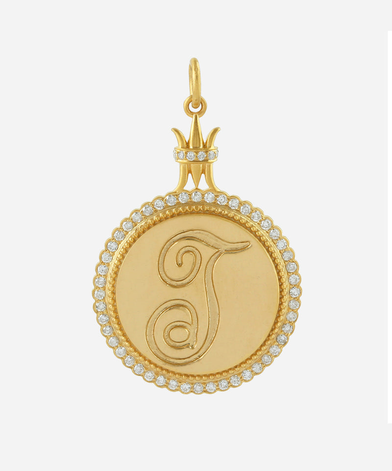 Gold Pointed Crown Monogram Charm With Diamonds