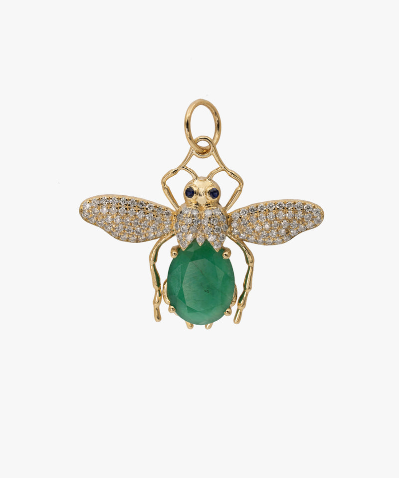 Gold Queen Bee Charm With Sapphires, Diamonds & Emerald