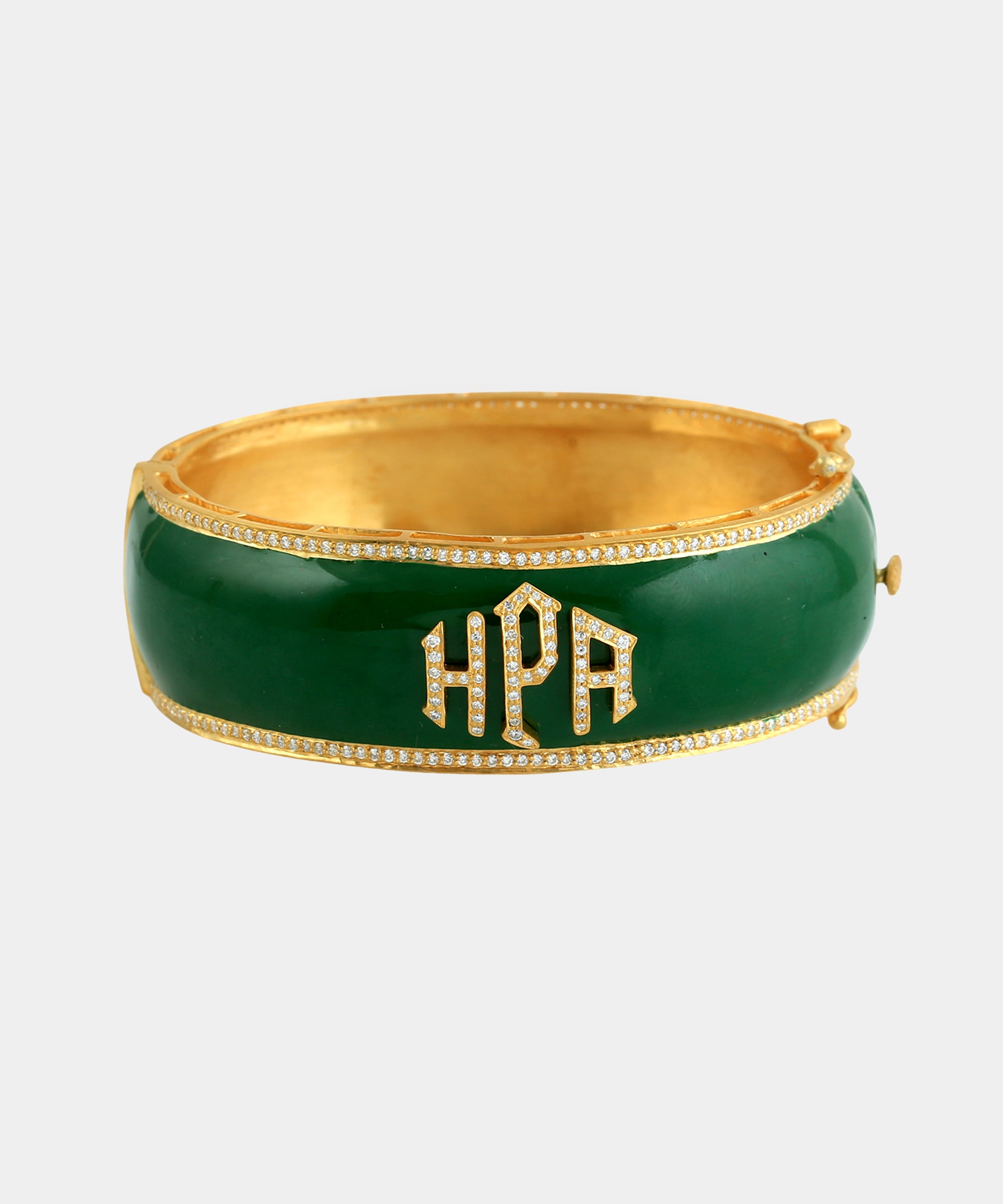 Gold Short Monogram Bangle With Diamonds & Enamel