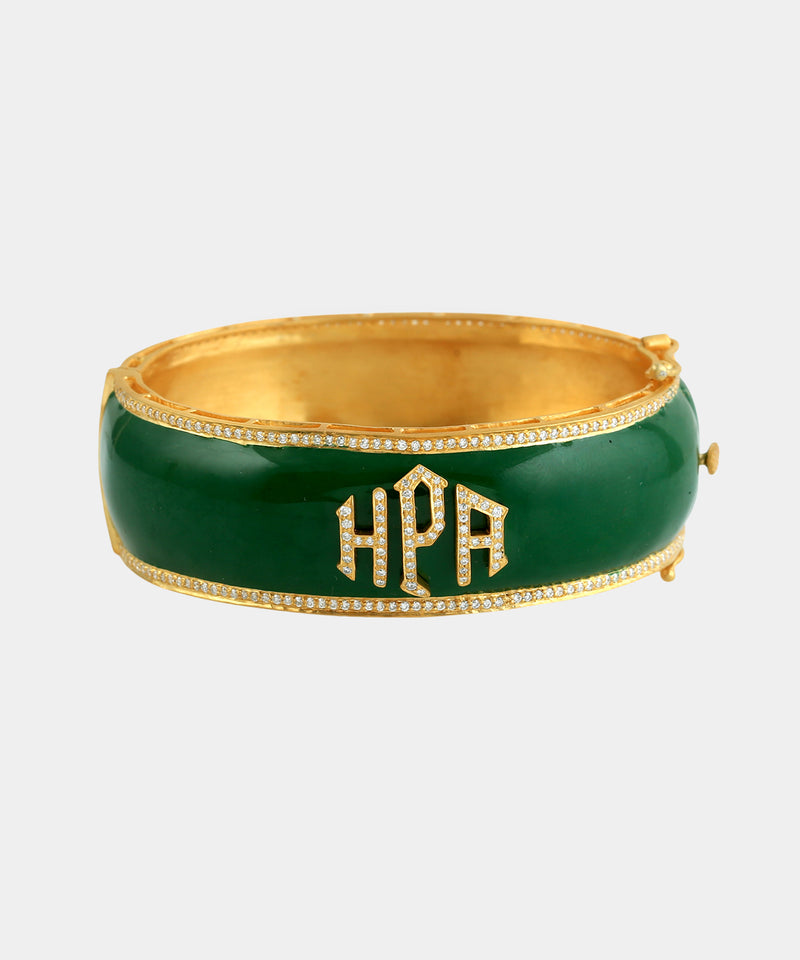 Gold Short Monogram Bangle With Diamonds & Enamel