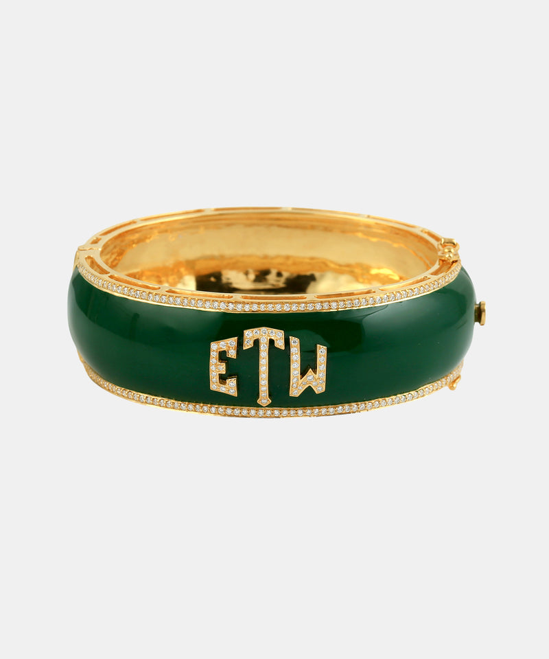 Gold Short Monogram Bangle With Diamonds & Enamel