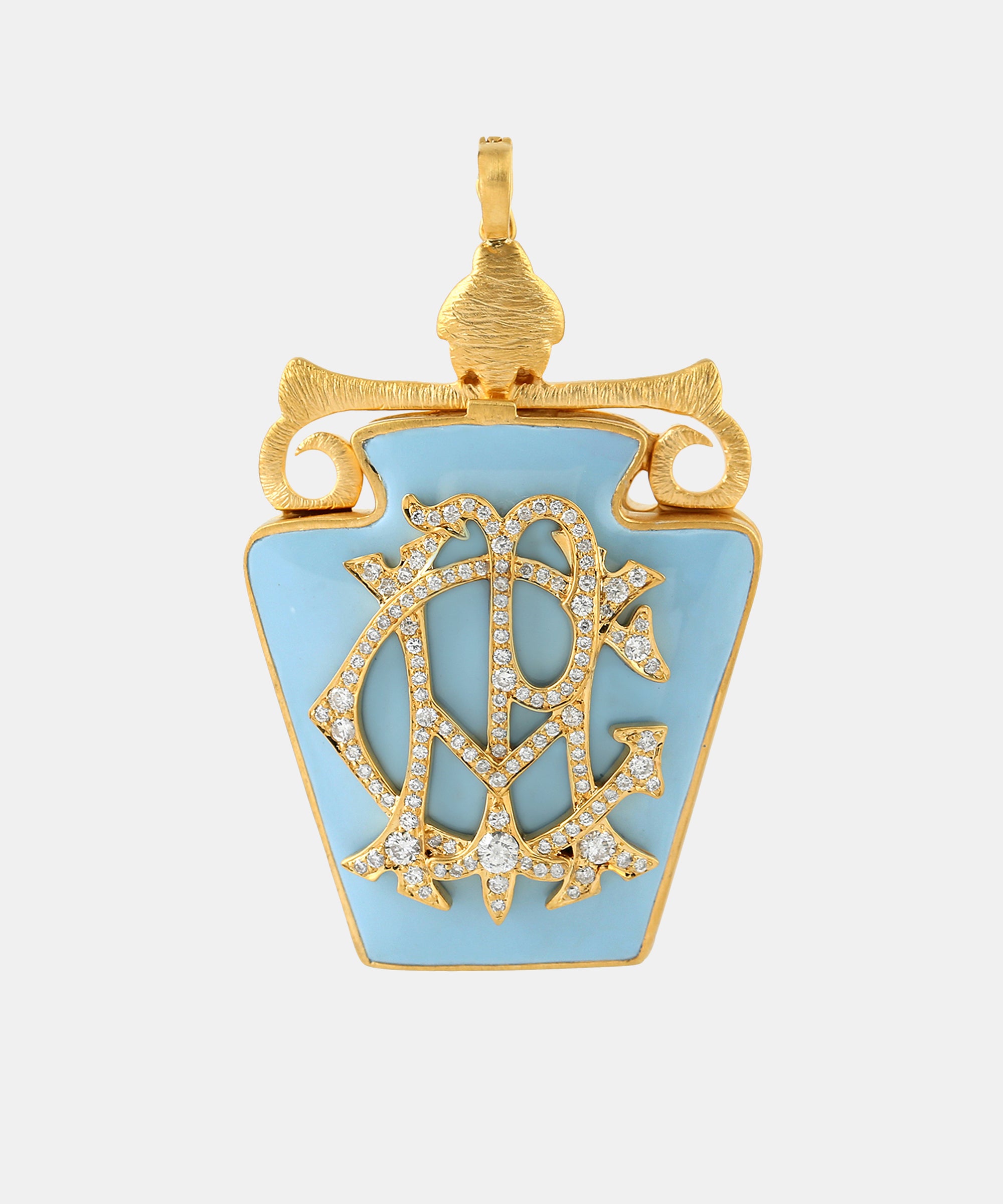 Gold Vessel Monogram Locket With Diamonds & Enamel